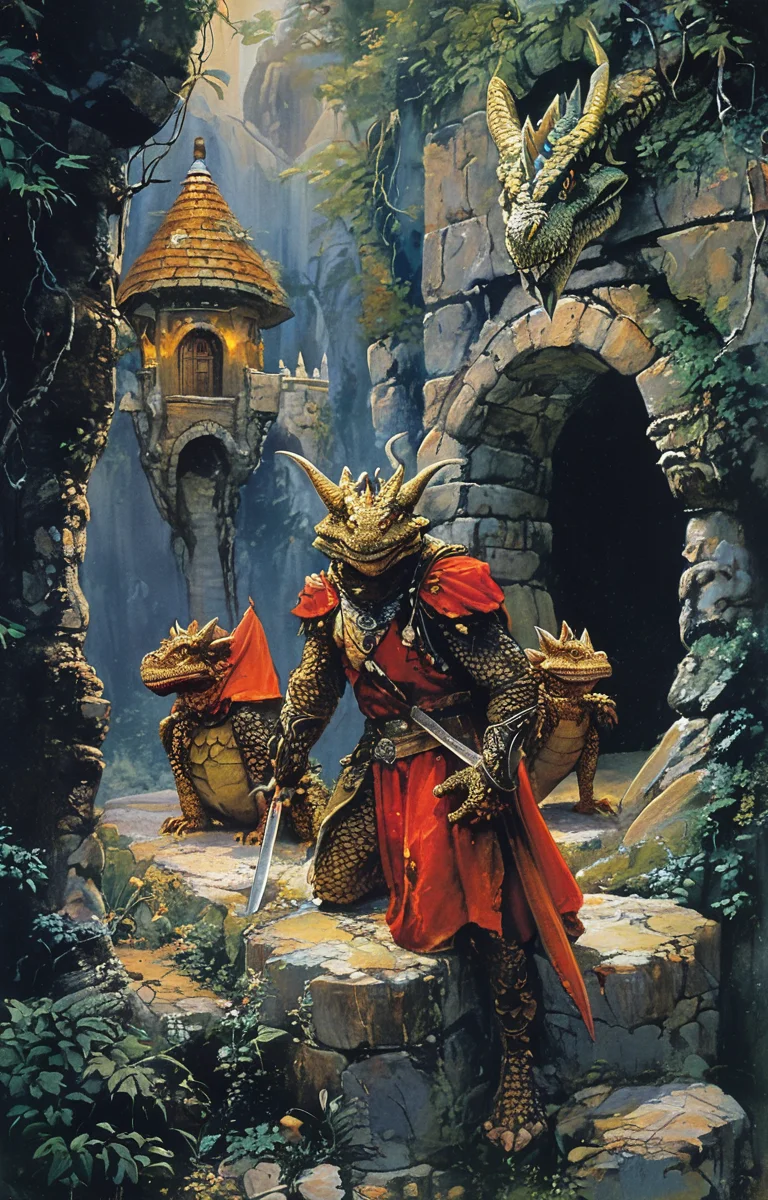 masterpiece,best quality,<lora:tbh182-sdxl:0.9>,style of Clyde Caldwell,Dungeon and Dragon,Brave,Sword,Shield,Dragon,adnd,