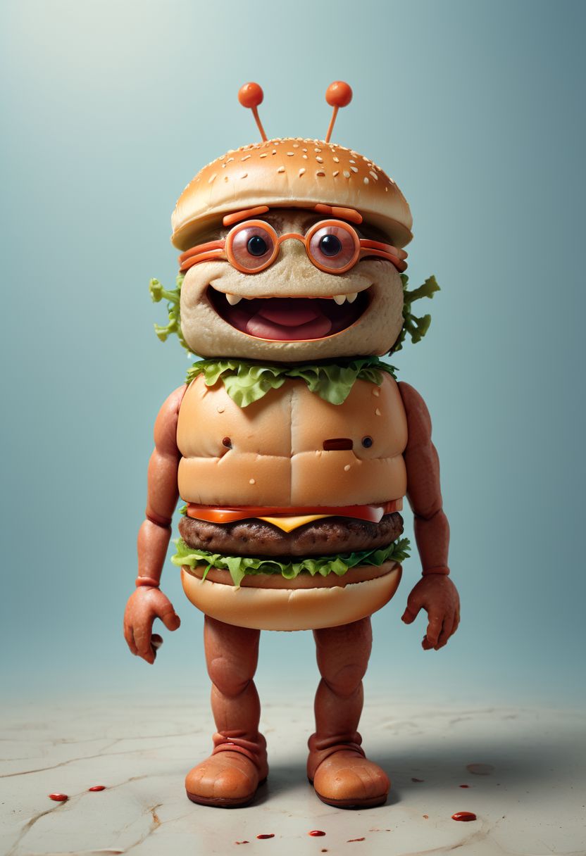A cute, happy hamburger with arms and legs, surreal