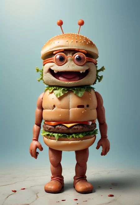 A cute, happy hamburger with arms and legs, surreal