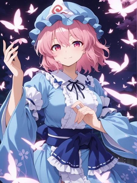 absurdres, highres, masterpiece, best quality, amazing quality, official anime artwork, screencap, anime screencap, outdoors, looking at viewer, happy, dynamic pose,
 <lora:Yuyuko-Saigyouji_IllustriousV2:1> saigyouji yuyuko, 1girl, solo, pink eyes, pink hair, short hair, medium large breasts,, mob cap, triangular headpiece, blue kimono, long sleeves,  wide sleeves, sash, ribbon, floral print, 
pink butterfly, night, sakura, light particles,