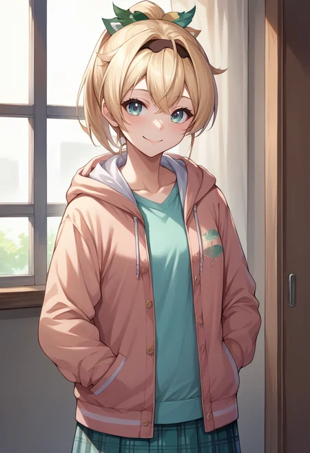 score_9, score_8_up, source_anime, KazamaIroha, hair ornament, hairband, ponytail, indoors, plaid skirt, hoodie, smile, hands in pockets, <lora:CHAR-KazamaIrohaPonyXL:1>