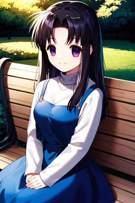score_9, score_8_up, score_7_up, score_6_up, rating_safe, source_anime, best quality, masterpiece, detailed background, park, sitting, sunny, white turtleneck, blue overall dress, white kneehighs, cowboy shot, looking away, <lora:kawana-misaki-xl-04:1>, kawana misaki, black hair, purple eyes, empty eyes, medium breasts, smile