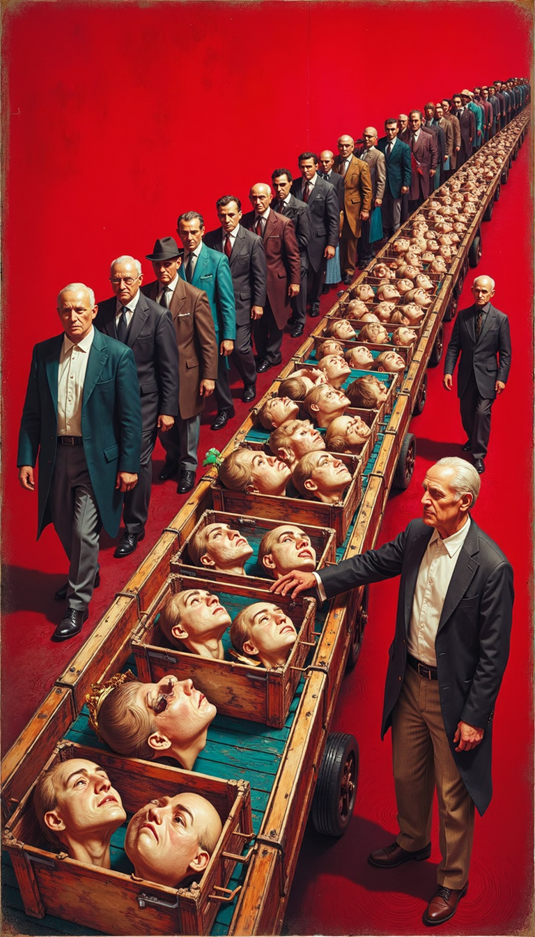 Bioluminescent,evangsurreal,surrealism,glitter, Depict a dystopian scene, rendered in a mid-century modernist style with a limited color palette of red, black, gray, and beige. The image should have a silkscreen print aesthetic. A line of identical men, their individuality effaced, marches in a queue towards the right edge. In the foreground, a conveyor belt carries open carts filled with disembodied heads, their expressions echoing the blank conformity of the marching men. A single, headless figure stands by the carts, poised to place another face on one of the marching men. The scene is viewed from a high angle, emphasizing the dehumanizing scale and repetition.  The background is a stark red, suggestive of both societal control and simmering rebellion. The composition should be meticulously balanced, evoking a sense of both order and unease.  Emphasize the interplay of light and shadow, using chiaroscuro to heighten the drama and symbolic weight of the image.