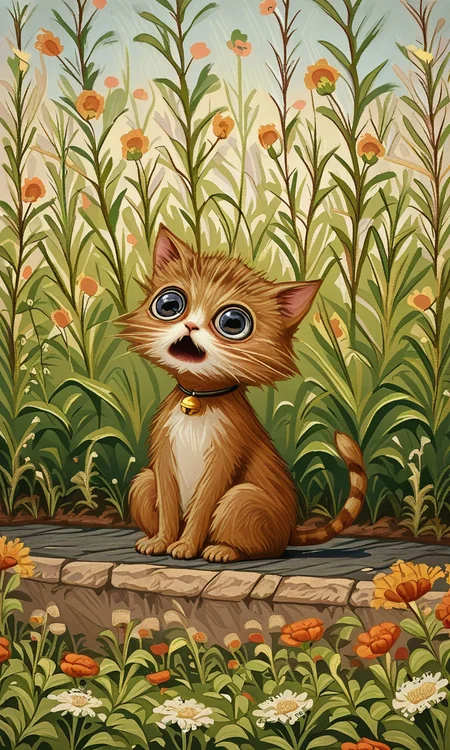 whimsical digital painting of a cute wide-eyed kitten with a golden bell collar high on catnip sitting on a soft garden background.<lora:- iLL -PdJ_highres_counterweight_V1.0-step00004500:.8>