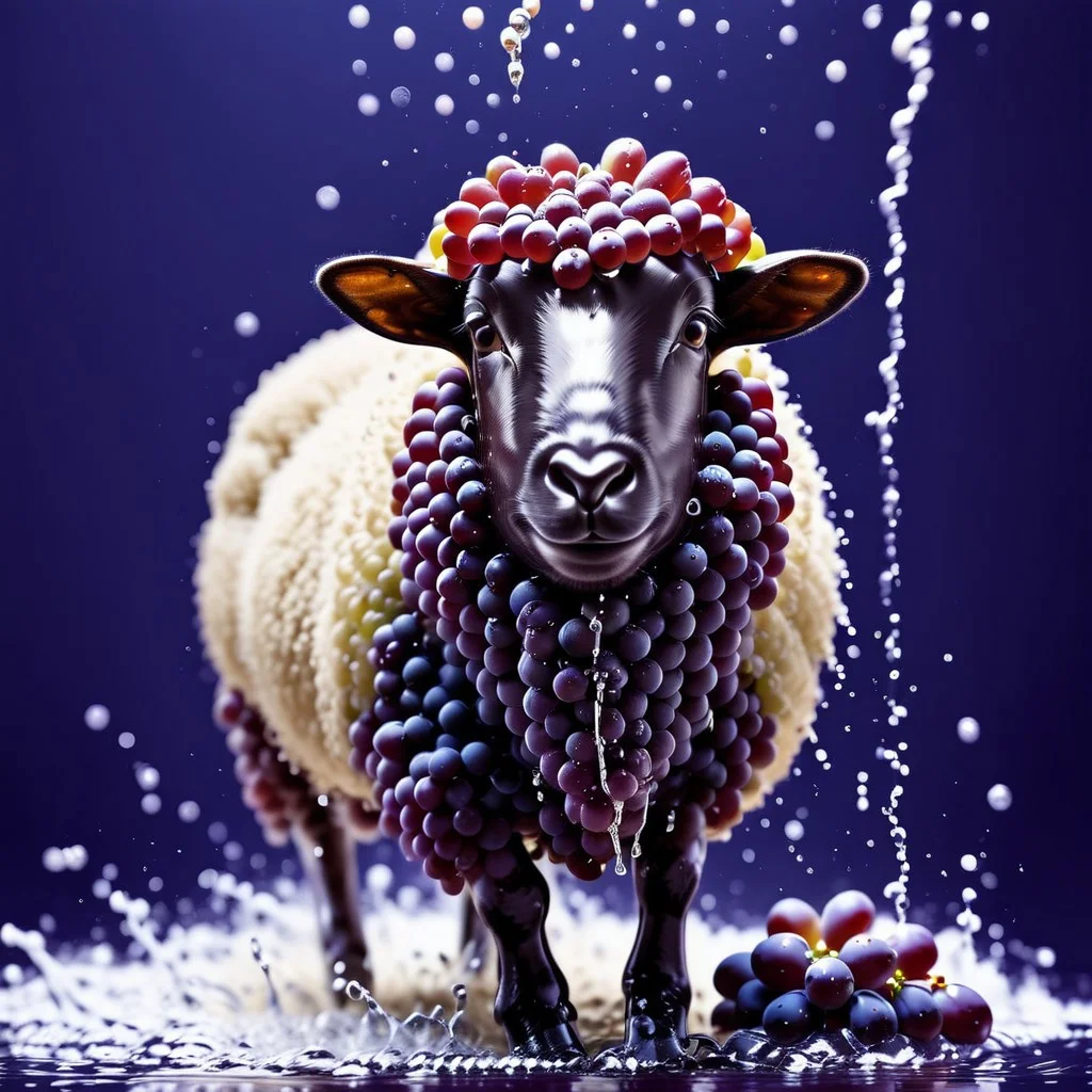 sheep hair made of grapes, splash water, flashing particles, depth of field, clean background, made from grapes