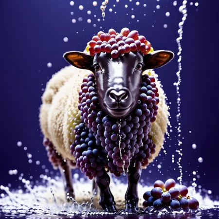 sheep hair made of grapes, splash water, flashing particles, depth of field, clean background, made from grapes