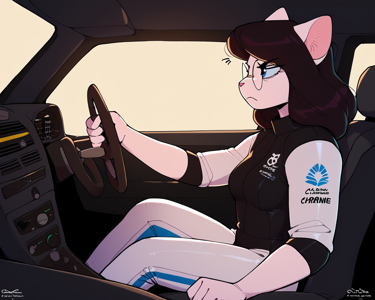 score_9_up, score_8_up, score_7_up, score_6_up, cat, medium breasts, black hair, white body, heterochromia, female, round glasses, logo, mercedes-benz, racing suit, cat tail, solo, neutral expression,  determined,  looking ahead, side view,  head tilt, dr1v3, car interior, motor vehicle, steering wheel, driving, sitting, <lora:Leah_Pines(AIM)_XL_v1:0.15> <lora:PDXL_artist_tags_v2_big:0.5> <lora:The-Minuscule-Task_PDXL_v1.0:0.6>  <lora:Mika_Shinohara_Sonokido:0.6> <lora:Driving:1>