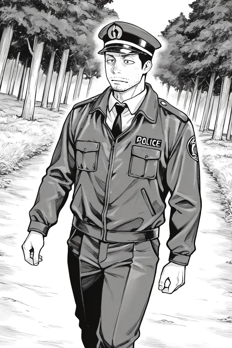 perfect anatomy, perfect proportions, best quality, masterpiece, high_resolution, high quality, best aesthetic, incredibly absurdres, highres, extremely detailed, huge filesize, mature, masculine, manly, virile, handsome, charming, alluring, bara, male focus, solo male, cowboy shot, dutch angle, source_manga \(Gannibal\), official style \(Gannibal\),  Agawa Daigo \(Gannibal\), GNBAgawa, black hair, short hair, black eyes, facial hair, stubble, GNBAgawa_Outfit01, policeman, police uniform, Japanese police uniform, dark blue police peaked cap, white collared shirt, dark blue necktie, dark black jacket, dark blue pants, black shoes, rural, pastoral, forest, creep, suspense, horror, manga, greyscale, monochrome, manga brushwork style, traditional drawing