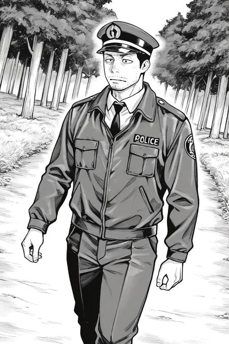 perfect anatomy, perfect proportions, best quality, masterpiece, high_resolution, high quality, best aesthetic, incredibly absurdres, highres, extremely detailed, huge filesize, mature, masculine, manly, virile, handsome, charming, alluring, bara, male focus, solo male, cowboy shot, dutch angle, source_manga \(Gannibal\), official style \(Gannibal\), Agawa Daigo \(Gannibal\), GNBAgawa, black hair, short hair, black eyes, facial hair, stubble, GNBAgawa_Outfit01, policeman, police uniform, Japanese police uniform, dark blue police peaked cap, white collared shirt, dark blue necktie, dark black jacket, dark blue pants, black shoes, rural, pastoral, forest, creep, suspense, horror, manga, greyscale, monochrome, manga brushwork style, traditional drawing