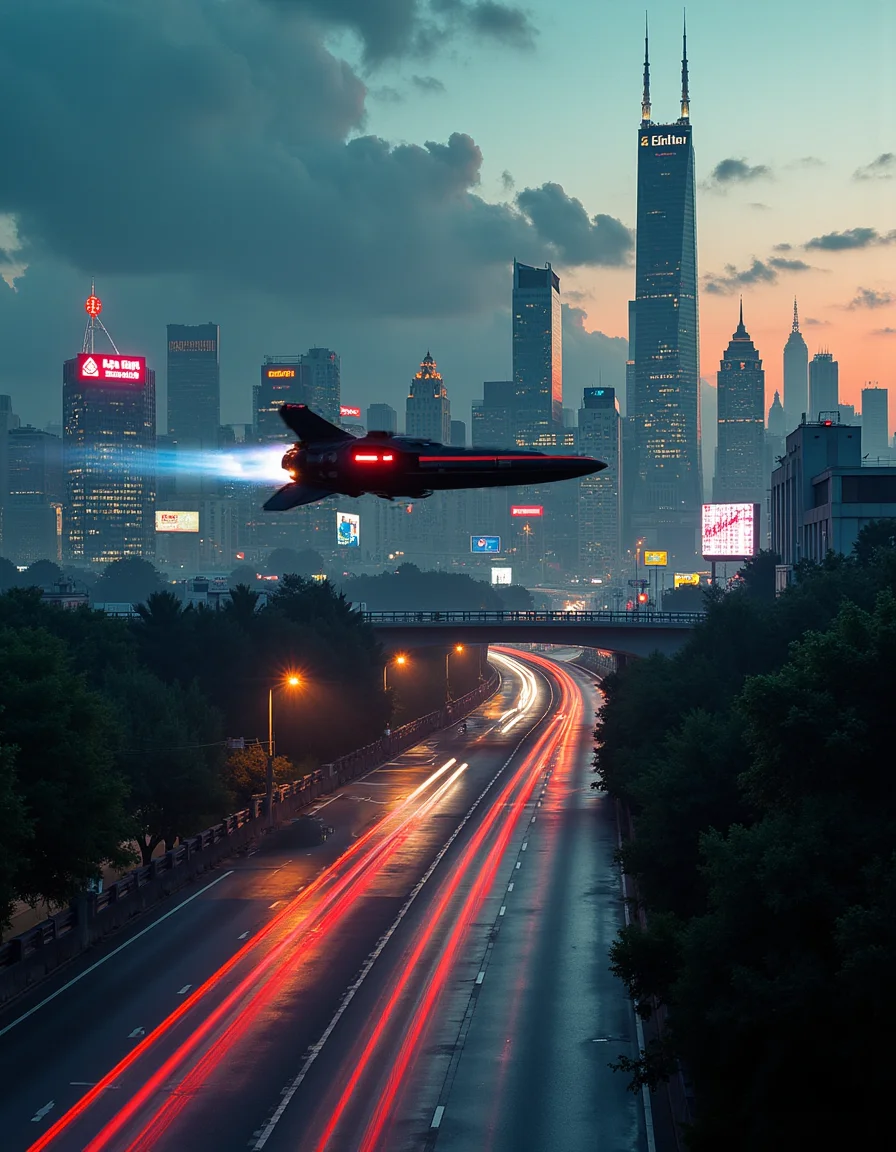 Realistic photo of Ariel view of a time lapse, highway, futuristic city skyline, neon signs,  flying space ship close to camera passing by towards the city, evening hours, neon lights, bill boards, 
 <lora:Dark Cinematic:1> DRK