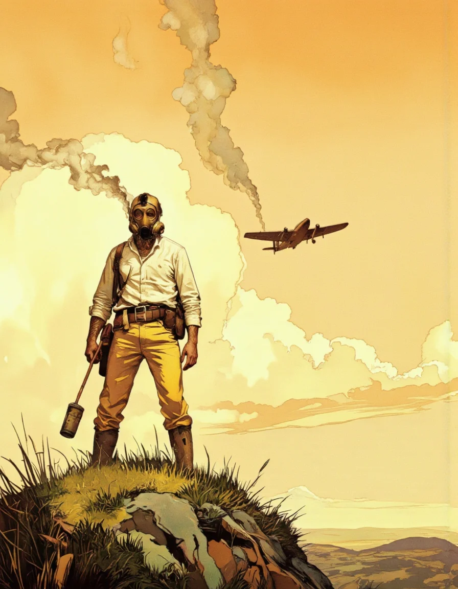 Art by Jeffrey Catherine Jones. A surreal and surreal digital illustration from a far camera angle, depicting a man wearing a gas mask and a white shirt and yellow pants, standing on a grassy hill with a determined expression. the man, who appears to be in his mid-twenties, is positioned in the center of the image, with his upper body facing the viewer. he has a beard and is wearing a long-sleeved white shirt with yellow pants. his facial expression is determined, and his body is slim. he is also wearing yellow socks. in the background, a small airplane is flying in the sky, emitting a trail of smoke behind him. the sky is a gradient of orange and yellow hues, with a few wispy clouds scattered across the horizon. the overall mood is one of determination and urgency, as if the man is ready to take on any challenge that comes his way.