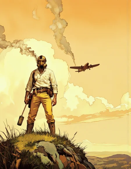 Art by Jeffrey Catherine Jones. A surreal and surreal digital illustration from a far camera angle, depicting a man wearing a gas mask and a white shirt and yellow pants, standing on a grassy hill with a determined expression. the man, who appears to be in his mid-twenties, is positioned in the center of the image, with his upper body facing the viewer. he has a beard and is wearing a long-sleeved white shirt with yellow pants. his facial expression is determined, and his body is slim. he is also wearing yellow socks. in the background, a small airplane is flying in the sky, emitting a trail of smoke behind him. the sky is a gradient of orange and yellow hues, with a few wispy clouds scattered across the horizon. the overall mood is one of determination and urgency, as if the man is ready to take on any challenge that comes his way.