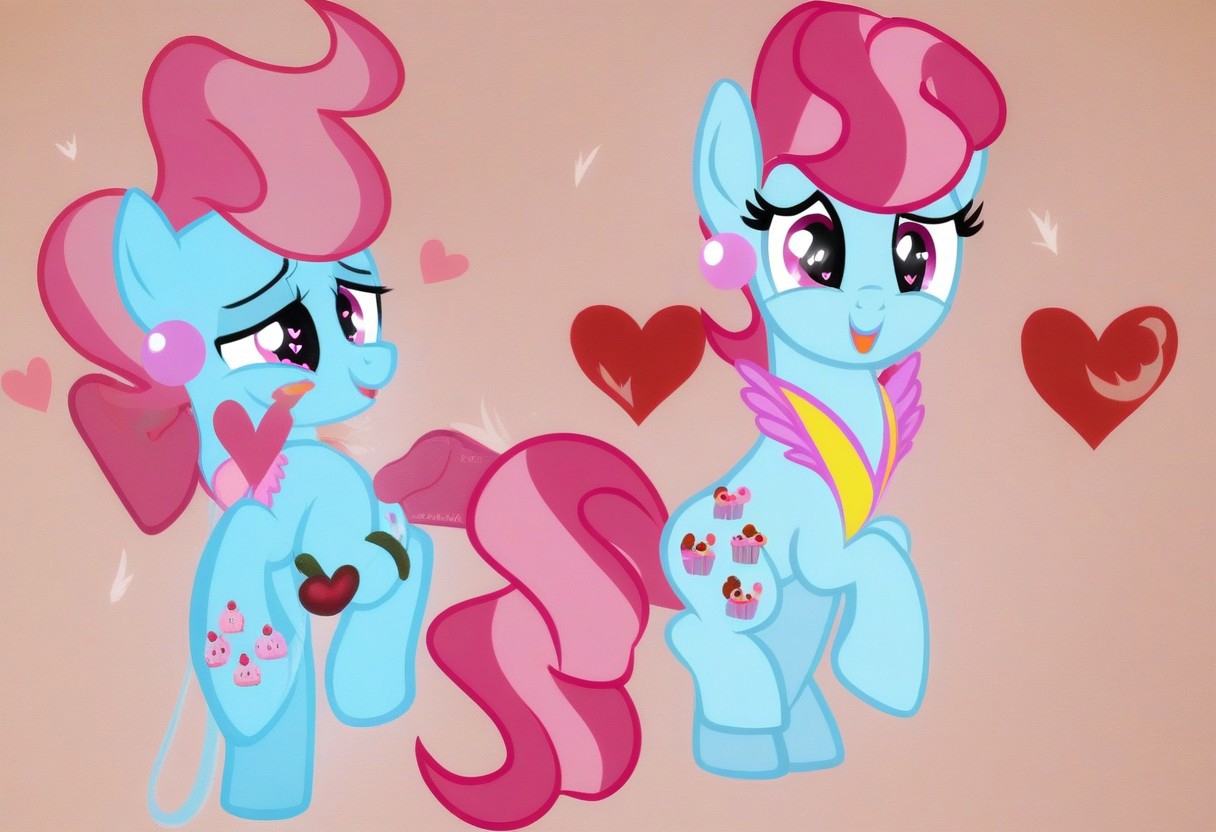 heart floating, heart-shaped pupils, aroused, heart eyes, cupid arrow, Valentine's day themed, Mrs Cake_(mlp), Brilliant rose eyes, Light crimson hair with pale light grayish crimson stripes, Very light cerulean skin