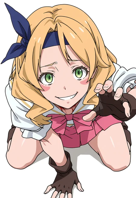 Smooth Quality,masterpiece,very intricate, high quality details, ultra realistic, high detailed skin,detailed enviorement,absurdres,
simple background, white background,solo,
kneeling pose, one hand on the ground, other hand reaching forward, focused gaze, tense muscles, ,slit throat,disgust,crazy smile, <lora:Eren_cnn:0.8> erencnn, 1girl,long hair, blonde hair, green eyes, headband, blush stickers,pink skirt, fingerless gloves,bow,