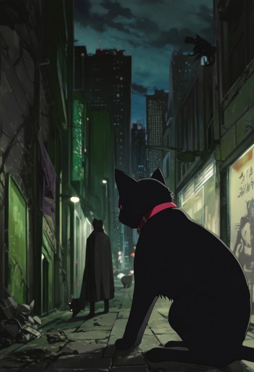 D4RK3RTH4NBL4CK, source_anime, source_hentai, source_anime, cityscape, score_9, score_8_up, score_7_up, score_6_up, solo focus, black_cat, cat, (no_humans), purple eyes, red collar, urban, night, cloudy, noir, concrete, wall, technology, sci-fi, darker_than_black, anime