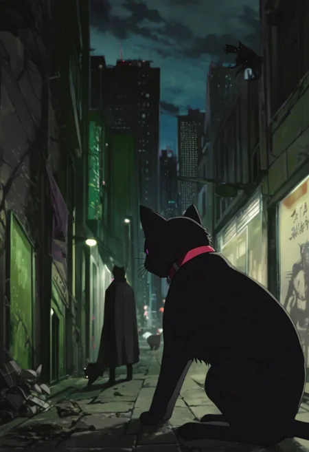 D4RK3RTH4NBL4CK, source_anime, source_hentai, source_anime, cityscape, score_9, score_8_up, score_7_up, score_6_up, solo focus, black_cat, cat, (no_humans), purple eyes, red collar, urban, night, cloudy, noir, concrete, wall, technology, sci-fi, darker_than_black, anime