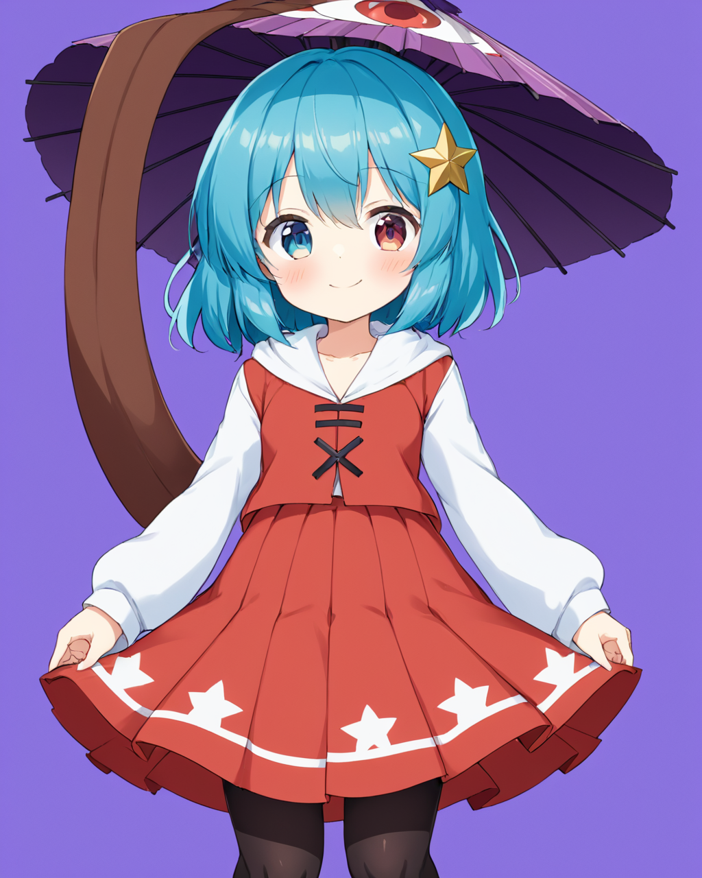 tatara kogasa,1girl, solo, heterochromia, black_pantyhose, smile, simple_background, red_skirt, alternate_costume, purple_background, long_sleeves, closed_mouth, karakasa_obake, cowboy_shot, looking_at_viewer, purple_umbrella, blush, plaid_skirt, tongue, white_hoodie, white_outline, sleeves_past_wrists, standing
<lora:tatara_kogasa_image6022_2023-12-20-000007:1>,star-shaped_pupils,symbol-shaped_pupils,. gorgeous,key visual, vibrant, studio anime,award-winning, professional, highly detailed,high budget, cinemascope