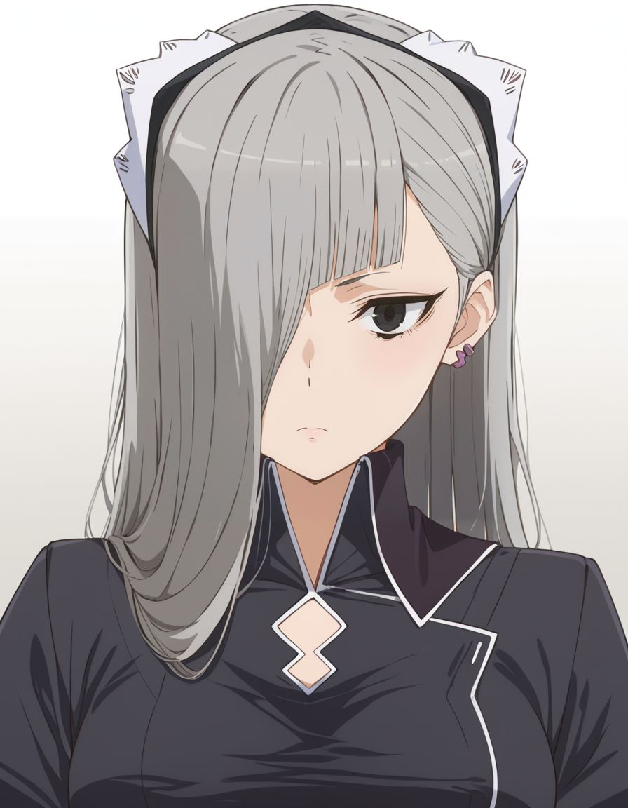 score_9, score_8_up, score_7_up, source_anime, high res image, masterpiece, best quality, BREAK
1girl, looking at viewer, gradient background, upper body, expressionless,
<lora:horn-danmachi_s5-anime-soralz:1>, horn (danmachi s5), long hair, grey hair, maid headdress, hair over one eye, black eyes, earrings, jewelry,
high collar, black dress, long dress, clothing cutout, juliet sleeves,
