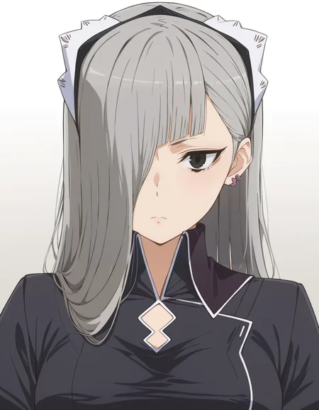 score_9, score_8_up, score_7_up, source_anime, high res image, masterpiece, best quality, BREAK
1girl, looking at viewer, gradient background, upper body, expressionless,
<lora:horn-danmachi_s5-anime-soralz:1>, horn (danmachi s5), long hair, grey hair, maid headdress, hair over one eye, black eyes, earrings, jewelry,
high collar, black dress, long dress, clothing cutout, juliet sleeves,