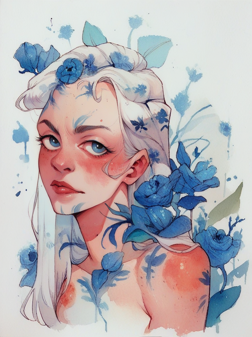 score_9, score_8_up, score_7_up, score_6_up, <lora:blu31nk:0.7> blu31nk, solo, 1girl, white hair, traditional media, watercolor, white background, white and blue, blue vines and floral,