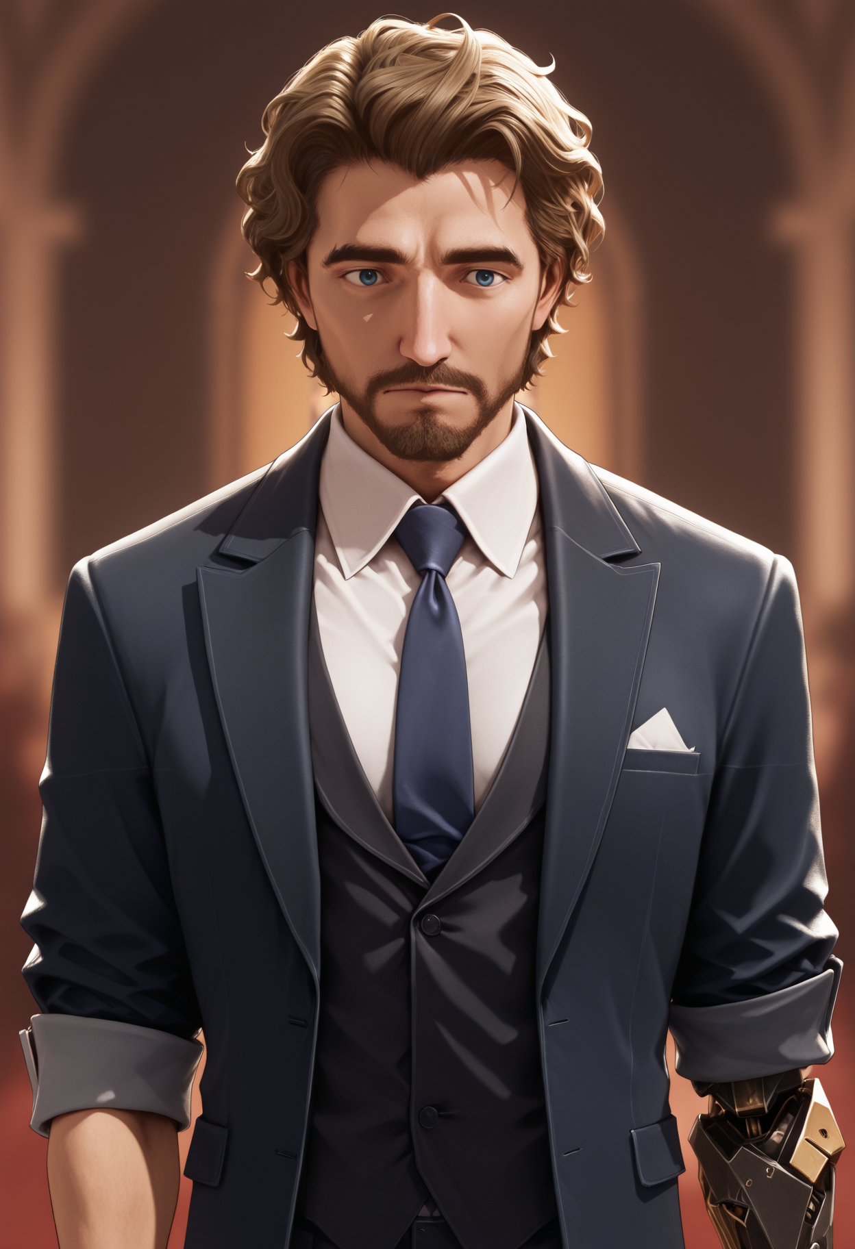 masterpiece, best quality, amazing quality, 1boy, <lora:gustav_illustrious_byJaneB:1>, gustav,
necktie, blurry background, shirt, white shirt, formal, collared shirt, jacket, upper body, suit, single mechanical arm