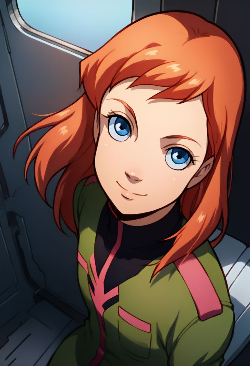score_9, score_8_up, score_7_up, solo, 1girl, female focus, source_cartoon, 2D, solo, julie_power, red hair, blue eyes, flat chest, uniform, zeon officer, spacecraft interior, looking at viewer, smile, from above