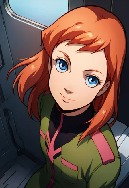 score_9, score_8_up, score_7_up, solo, 1girl, female focus, source_cartoon, 2D, solo, julie_power, red hair, blue eyes, flat chest, uniform, zeon officer, spacecraft interior, looking at viewer, smile, from above