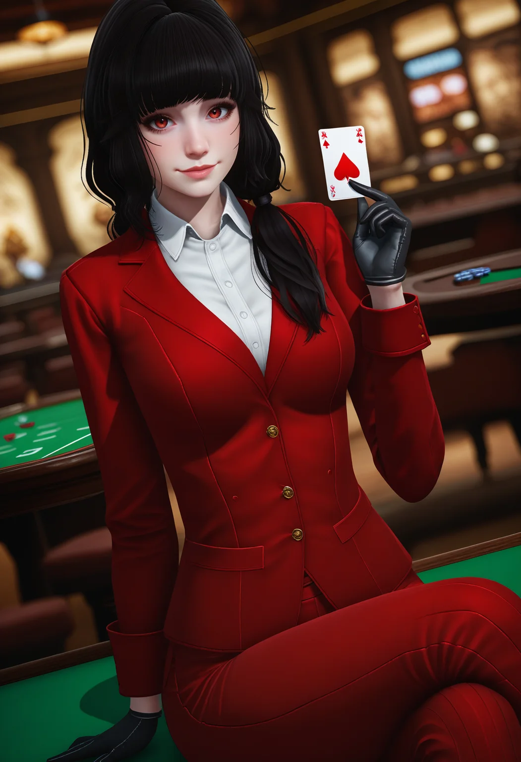 score_9, score_8_up, score_7_up,
1girl, solo, suit:red jacket:wing collar:red pants:white shirt, black gloves. low twintails.
indoors, dark, slot machine, poker table, sitting, playing card, holding card, looking at viewer, light smile, wide shot, pov across table, dutch angle, blurry background, depth of field,
<lora:Dark_Luna_Pony_v1.0:0.9> d4rklun4, red eyes,