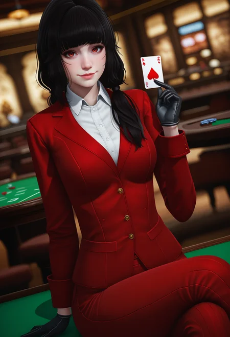 score_9, score_8_up, score_7_up,
1girl, solo, suit:red jacket:wing collar:red pants:white shirt, black gloves. low twintails.
indoors, dark, slot machine, poker table, sitting, playing card, holding card, looking at viewer, light smile, wide shot, pov across table, dutch angle, blurry background, depth of field,
<lora:Dark_Luna_Pony_v1.0:0.9> d4rklun4, red eyes,