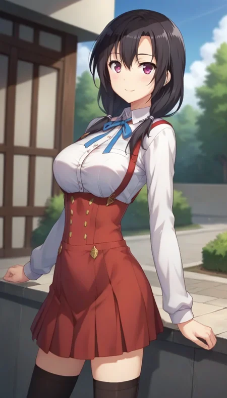 score_9,score_8_up,score_7_up,score_6_up BREAK official art,solo,outdoors,cowboy shot,looking at viewer,facing viewer,smile,blush,(petite:2),Sae Miura,long hair,black hair,low twintails,hair ribbon,hair over shoulder,hair between eyes,parted bangs,pink eyes,school uniform,white shirt,collared shirt,neck ribbon,blue ribbon,large breasts,underbust,long sleeves,shirt tucked in,suspenders skirt,high-waist skirt,red skirt,zettai ryouiki,black thighhighs,uwabaki,white footwear,<lora:Sae Miura(jk ohaborssg)-Pony:1.2>,