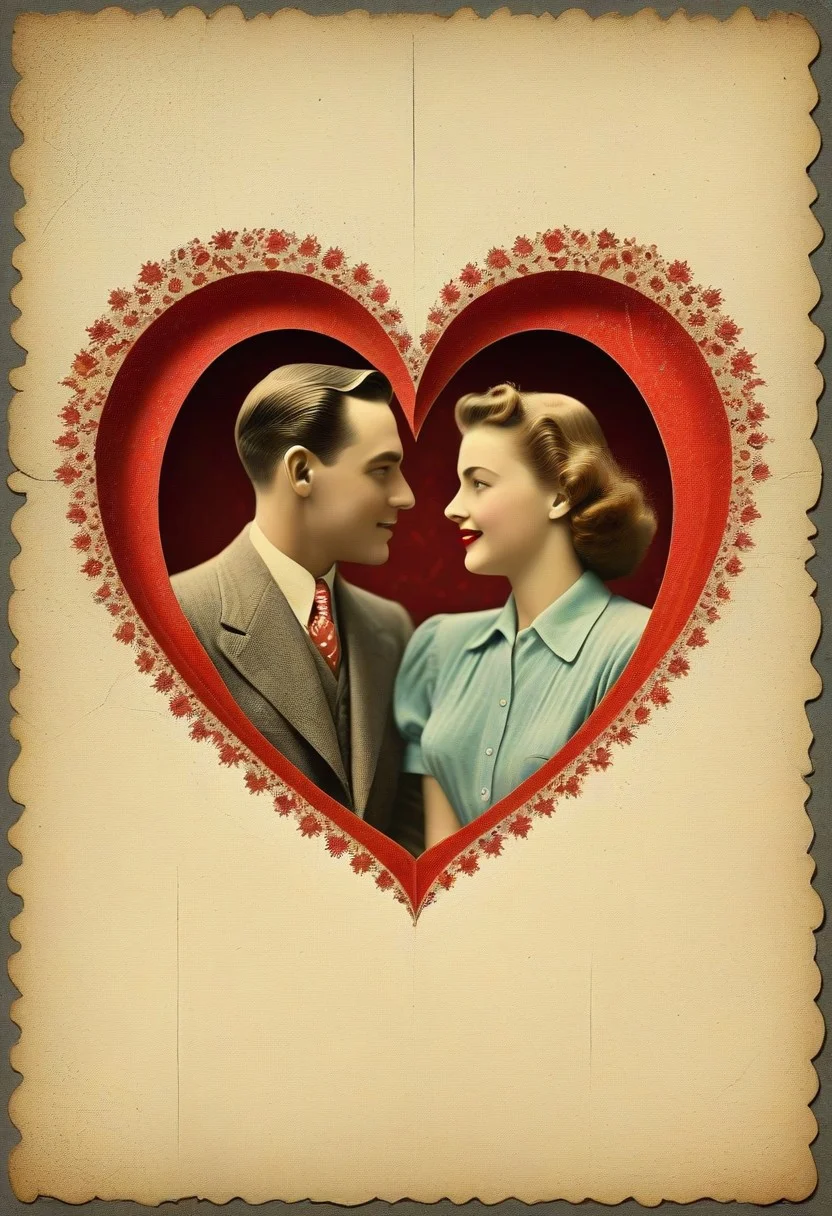 masterpiece, best quality, very aesthetic, absurdres, ultra-HD, cinematic lighting, volumetric lighting, raytracing, perfect Old postcard, 1944, vintage love postcard from the front, fractal dimension, for Valentine's Day, a loving couple. worn corners, worn edges, a little creased,