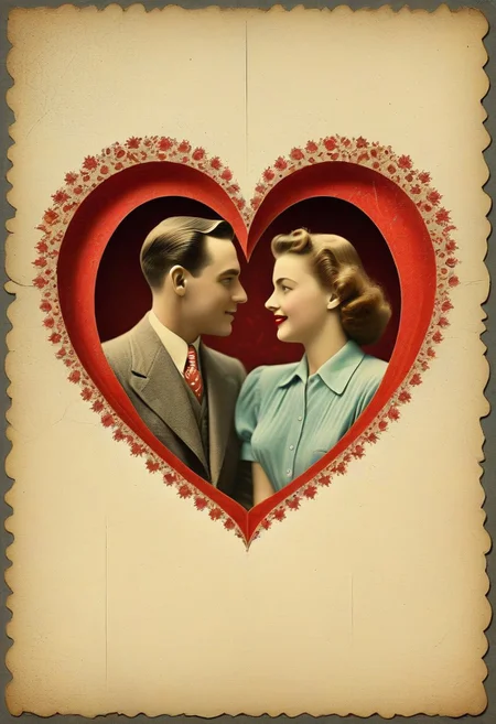 masterpiece, best quality, very aesthetic, absurdres, ultra-HD, cinematic lighting, volumetric lighting, raytracing, perfect Old postcard, 1944, vintage love postcard from the front, fractal dimension, for Valentine's Day, a loving couple. worn corners, worn edges, a little creased,