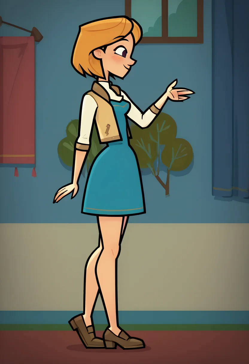 score_9, score_8_up, score_7_up, source_toon, <lora:10:0.95> dcrmdau, 1girl, young, two-tone collared dress, beige cropped jacket, solo, indoors, full body, from side,