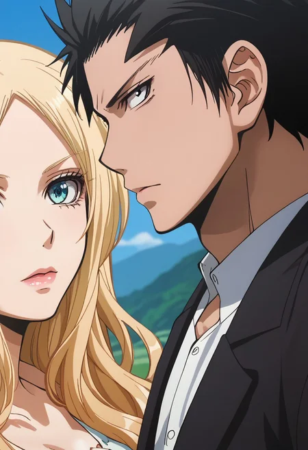 score_9, score_8_up, score_7_up, source_anime, rating_safe, KarasumaAC, black_Karasuma_hair, black_Karasuma_eyes, 1boy, couple focus, IrinaAC, blonde_Irina_hair, blue_Irina_eyes, 1girl, anime screencap, looking at viewer,
