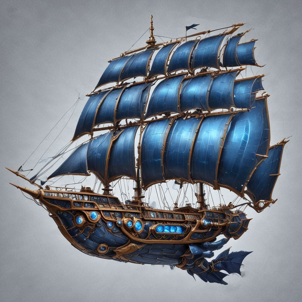 lumenarium, flying ship, at space, blue nebulas, solo, full body, beautiful, masterpiece, best quality, detailed, HD, metal hull, plain sails, blue sails, single simple sails, side view:2, realistic, photo from side, metal armour