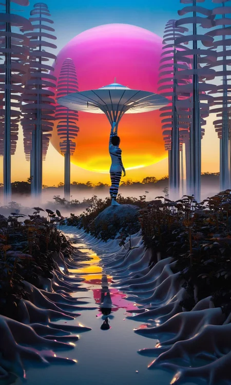 A surrealistic fusion of Reuben Wu's ethereal landscapes with Nick Knight's hyper-realistic models. A Synthetic forest of barcode trees, where creatures with Taro Okamoto's biomechanical limbs frolic and play. The sun sets in vibrant, electric hues, casting long, synthetic shadows that distort the Sharp Focus images of the models. In the distance, a satellite hovers, projecting old school designs onto the landscape