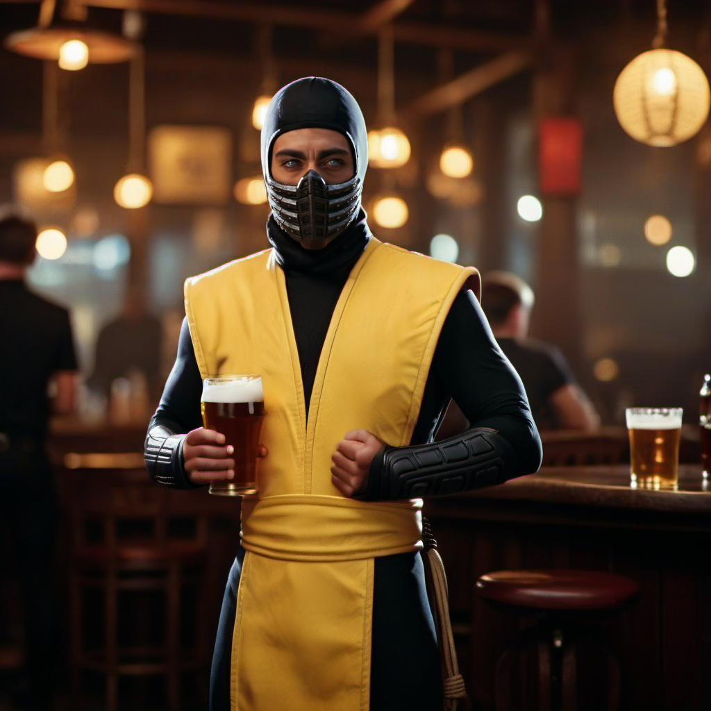 cinematic photo a ninja 1boy with a mask, white eyes, having a beer in a pub  <lora:Scorpion1995-1024:0.8> . 35mm photograph, film, bokeh, professional, 4k, highly detailed