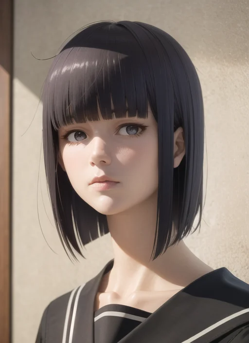 (realistic:1.5), 1girl, solo, <lora:gundou_misuzu-04:0.6>, gundou_misuzu, alternate hairstyle, bob cut, short hair, aged down,  japanese, teen, looking at viewer,  indoors, (shaded face), black serafuku, black shirt, white neckerchief, sailor collar, long sleeves, portrait, messy hair, expressionless