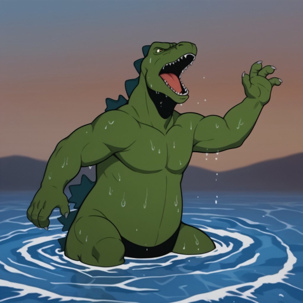 score_9, score_8_up, score_7_up, score_6_up, score_5_up, score_4_up, source_furry, godzilla78, feral, male, godzilla, green skin, wading, in ocean, wet, roaring,