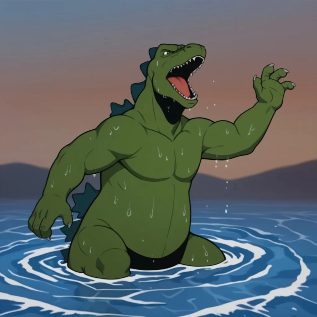 score_9, score_8_up, score_7_up, score_6_up, score_5_up, score_4_up, source_furry, godzilla78, feral, male, godzilla, green skin, wading, in ocean, wet, roaring,