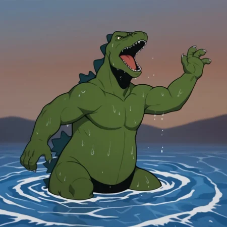 score_9, score_8_up, score_7_up, score_6_up, score_5_up, score_4_up, source_furry, godzilla78, feral, male, godzilla, green skin, wading, in ocean, wet, roaring,