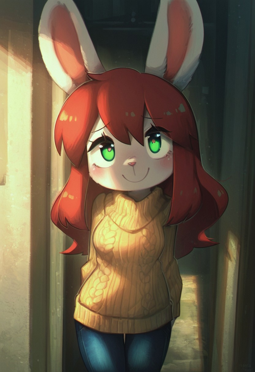 masterpiece,best quality,amazing quality, very aesthetic,rabbit girl,furry,red hair,white rabbit ear,solo,add detailed eyes,green eyes,dressed,happy,long hair,roll-up sweater,jeans,PRFRV Style, atmospheric lighting,