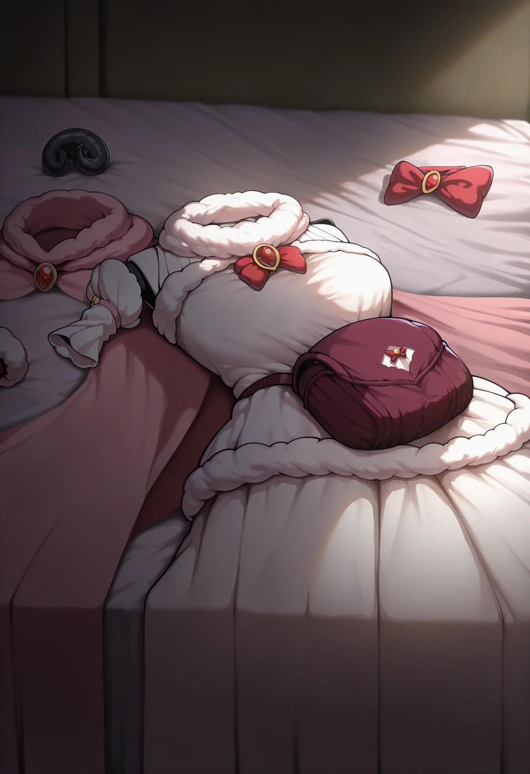 masterpiece, best quality, newest, absurdres, highres, no humans, clothes focus, unworn clothes, scenery, still life, <lora:UnwornClothes_illusXLNoobAI_Incrs_v1:1>, bed, messy room, messy, <lora:ChamTsunomakiWatameIllustriousXL:1>, WtmBase, horns, white fur-trimmed dress, short dress, red bowtie, detached sleeves, layered sleeves, pouch, bare shoulders, fur-trimmed cape, pink cape,