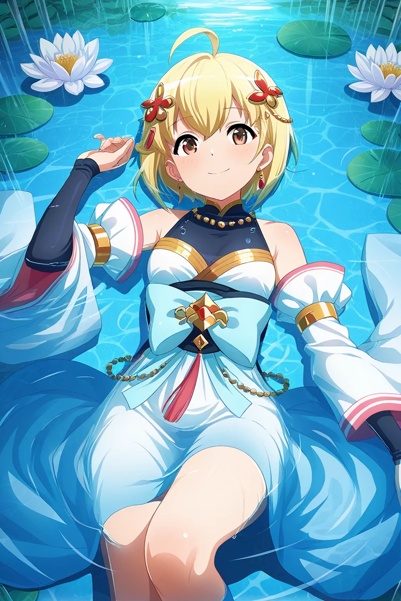 masterpiece, best quality, amazing quality,
 <lora:Otori_IL:1> michiru, 1girl, blonde hair, solo, short hair, water, lily pad, dress, ahoge, flower, hair ornament, jewelry, afloat, partially submerged, detached sleeves, lying, looking at viewer, on back, smile, brown eyes