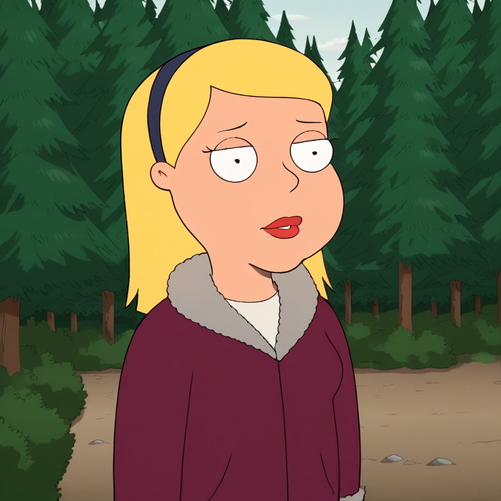 score_9_up, score_8_up, BREAK, sandyherbert, 1girl, solo, blonde hair, long hair, black eyes, lipstick, hairband, jacket, white shirt, upper body,   <lora:SandyHerbert_PXL_Leaf2:1>, forest,