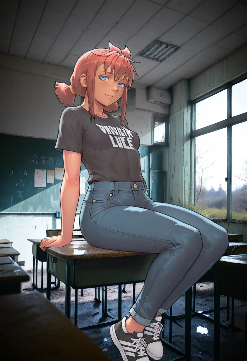 HDR, 8K, high contrast, masterpiece, best quality, amazing quality, very aesthetic, high resolution, ultra-detailed, absurdres,
1girl, photo background, realistic background, dim lighting, masterpiece, best quality, good quality, newest,
<lora:City_Worlds_02__Lost_-_School:1> cw02lost, abandonned classroom,
BREAK,
leonzo,ulyana, blue eyes, red hair, long hair, medium breast, low twintails, small stature,petite body, (solo:1.2),looks at viewer, jeans, sneakers, T-shirt, sitting on a school desk,<lora:Leonzo_style:0.5><lora:ulyana:0.55> <lora:Jeweled eyes-v1:0.85>
