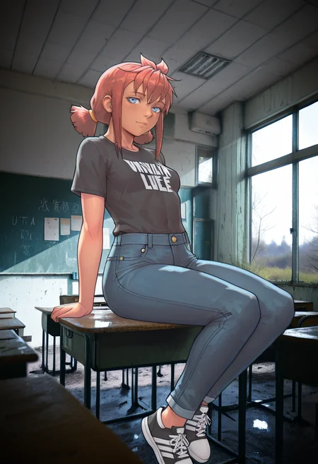 HDR, 8K, high contrast, masterpiece, best quality, amazing quality, very aesthetic, high resolution, ultra-detailed, absurdres,
1girl, photo background, realistic background, dim lighting, masterpiece, best quality, good quality, newest, 
<lora:City_Worlds_02__Lost_-_School:1> cw02lost, abandonned classroom,
BREAK,
leonzo,ulyana, blue eyes, red hair, long hair, medium breast, low twintails, small stature,petite body, (solo:1.2),looks at viewer, jeans, sneakers, T-shirt, sitting on a school desk,<lora:Leonzo_style:0.5><lora:ulyana:0.55> <lora:Jeweled eyes-v1:0.85>