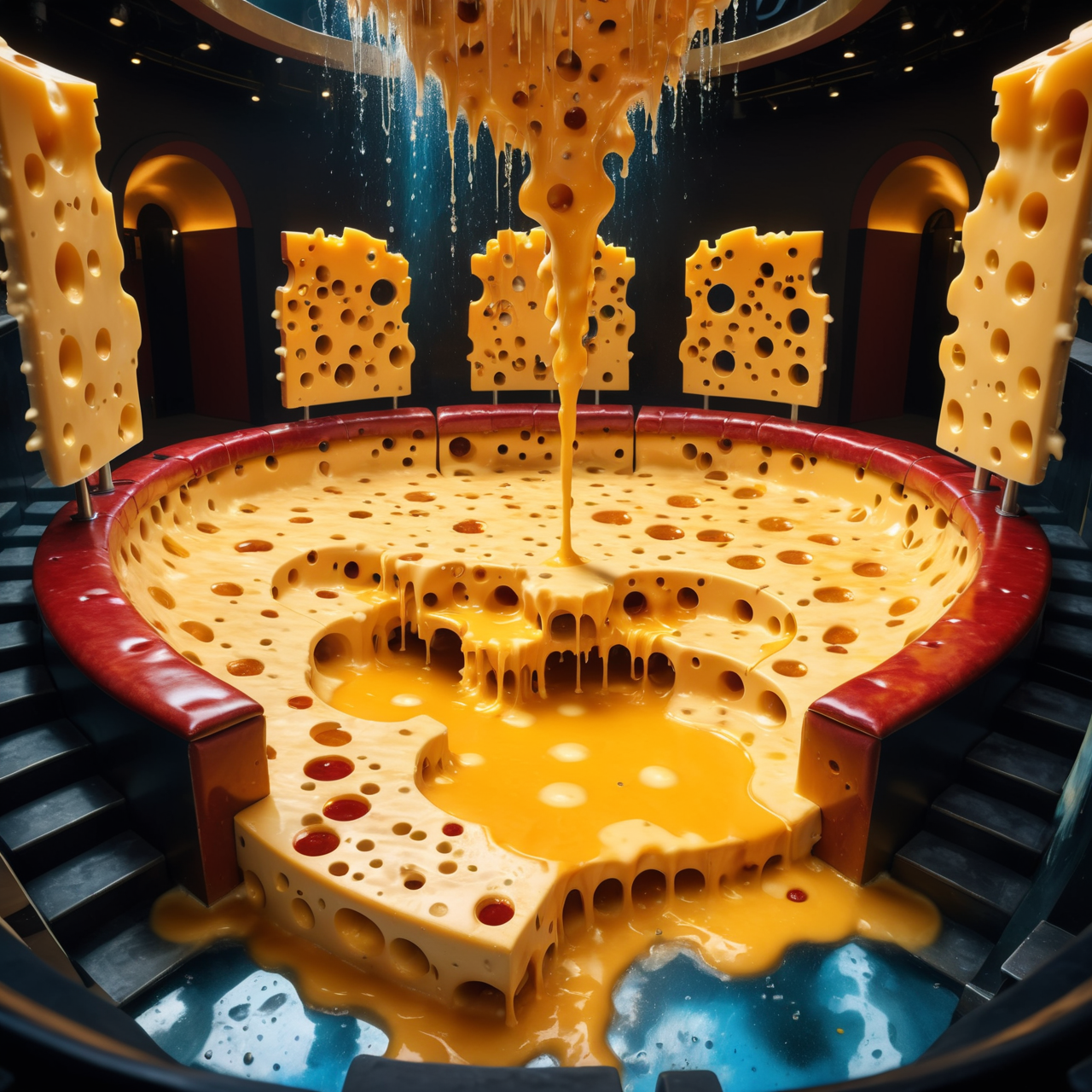 Jed-Drpgcese,  masterpiece, full of details <lora:DrippingCheeseStyle-000006:0.8>, overhead angle of a Techno Fascinating (Theater seating:1.2) , water, Manic, Nanopunk, F/2.8, Cinestill, cinemascope, highly color focused, extremely rich detail, dynamic background, very coherent, perfect composition, extremely stylish