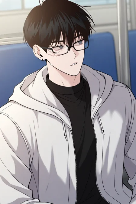 score_9, score_8_up, score_7_up,score_6_up,score_5_up,score_4_up,source_anime,BREAK, rating_safe, intricate details , , , anime screencap, anime coloring, official style, depth of field,1boy, solo, male focus , , ,<lora:goo_yoon_won:0.88>,goo yoon won,black hair,grey eyes,short hair,bangs,hair between eyes,scar,scar on face,shirt, long sleeves, sitting, upper body, parted lips, open clothes, glasses,white hood,open jacket,  jacket,earring, piercing,right ear bare, black shirt, looking to the side, hoodie, hood down, zipper, black-framed eyewear, train interior , , , <lora:sdxl_lightning_8step_lora_315544:1>