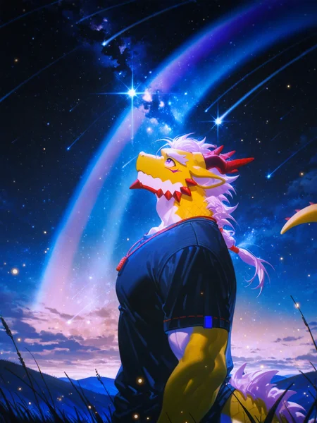 furry male, male focus, bara, mature male,
solo, male, mature male, male anthro dragon, yellow body, standing, kemono, starry sky, t-shirt, clothed, looking up, raised head, side view, (galaxy), planet, aurora, (rainbow:1.3), colorful, detailed eyes, portrait, dragon tail, horn, detailed eyes, outside, grass, hill, shooting star, dark, particles ,firefly, blue glowing, detailed background, (scenery), three-quarter portrait, (night), shooting star, dark,
BREAK konya karasue, (ciloranko:0.6),
BREAK very awa, masterpiece, best quality, amazing quality, very aesthetic,highres, absurdres,
